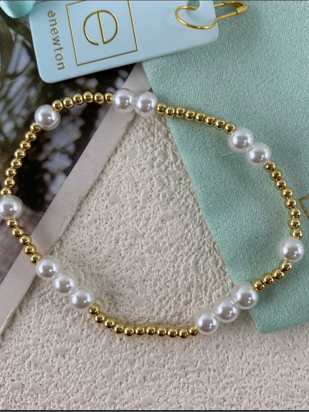 New ENewton Gold Bead and White Pearl Stretch Bracelet